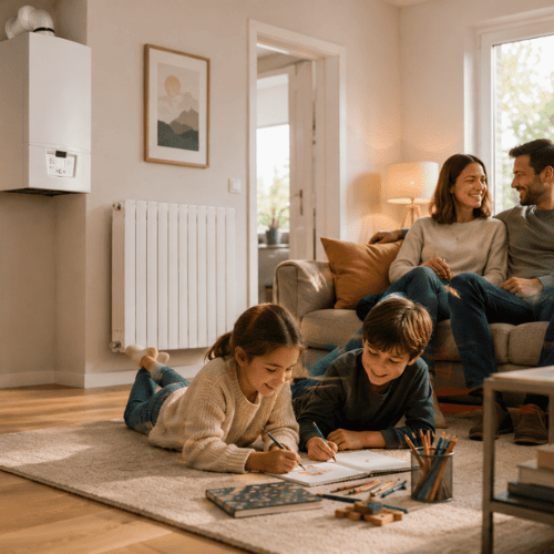 image d'une famille dans un salon avec une chaudière et un radiateur